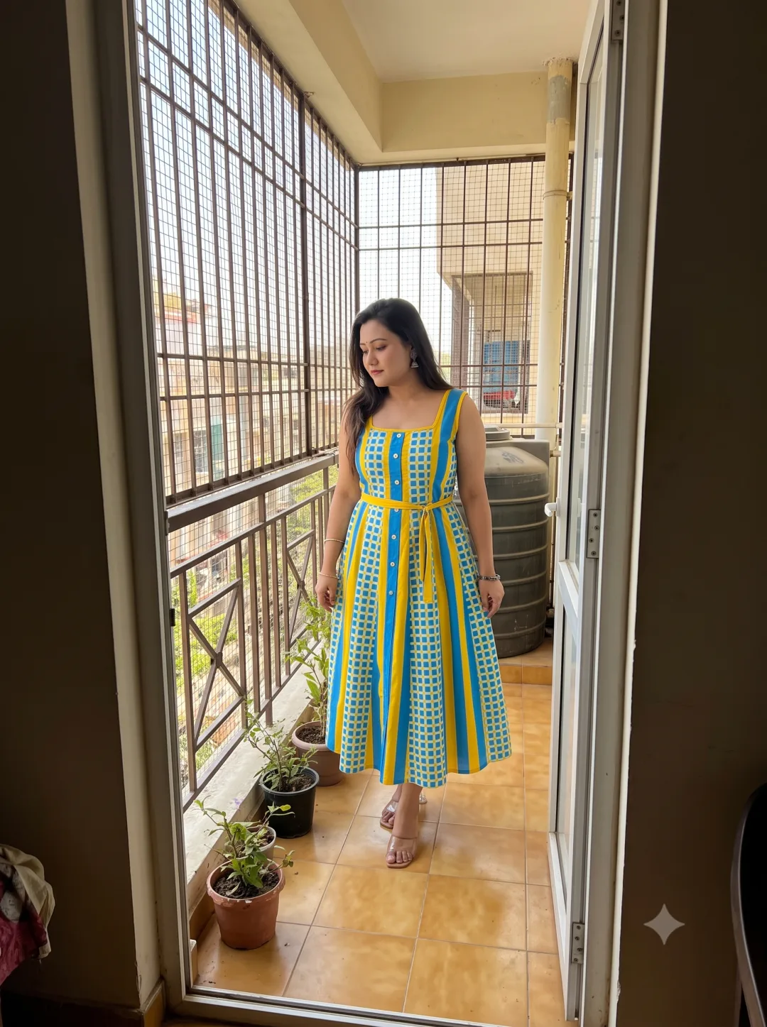 Customer wearing Blue Checked A-Line Midi Dress