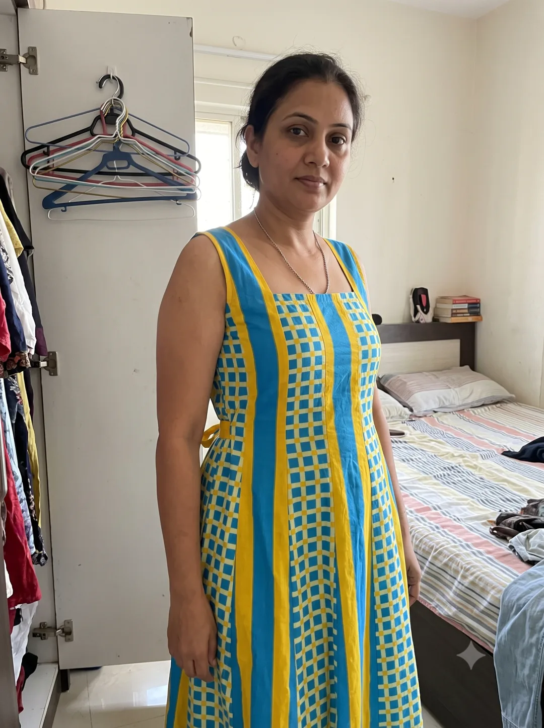 Customer wearing Blue Checked A-Line Midi Dress