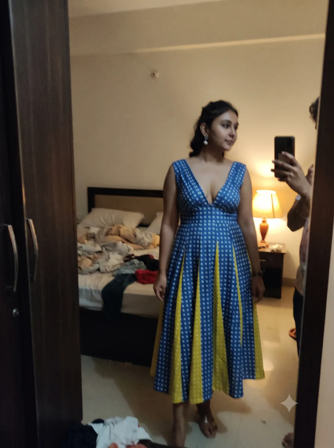 Customer wearing Blue Checked V-Neck A-Line Midi Dress