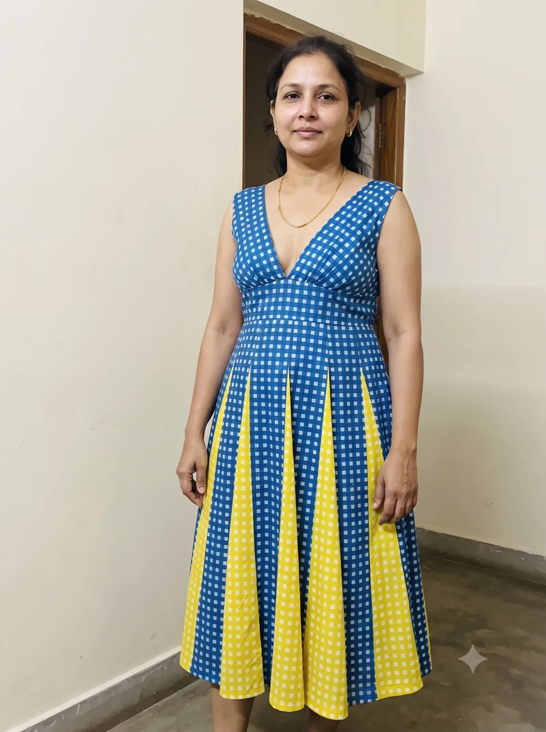 Customer wearing Blue Checked V-Neck A-Line Midi Dress