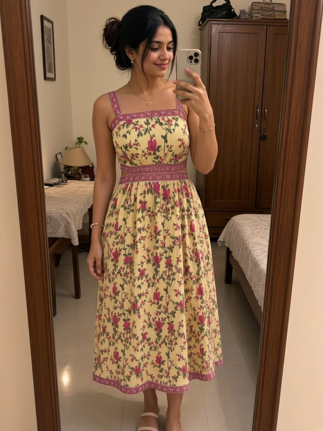 Ananya wearing the cream floral A-line cotton midi