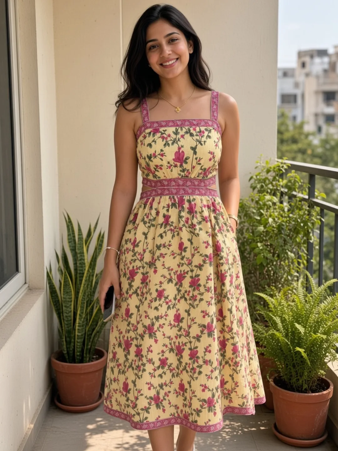 Kavya wearing the cream floral midi dress