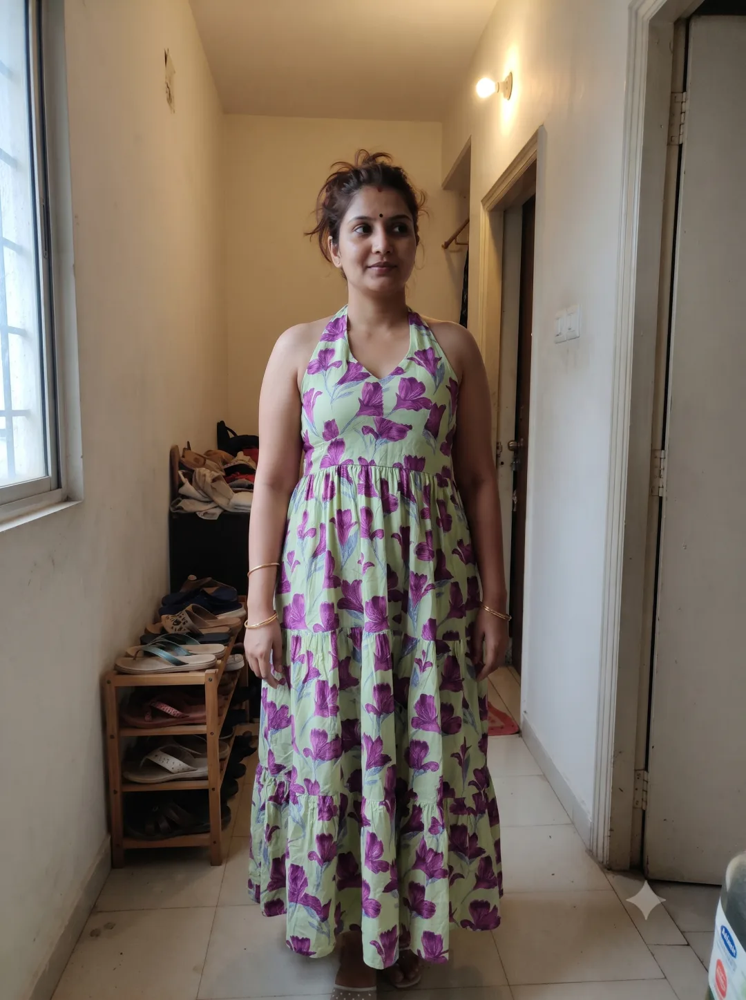 Customer wearing Green Floral Print Halter Neck Fit & Flare Cotton Midi Dress