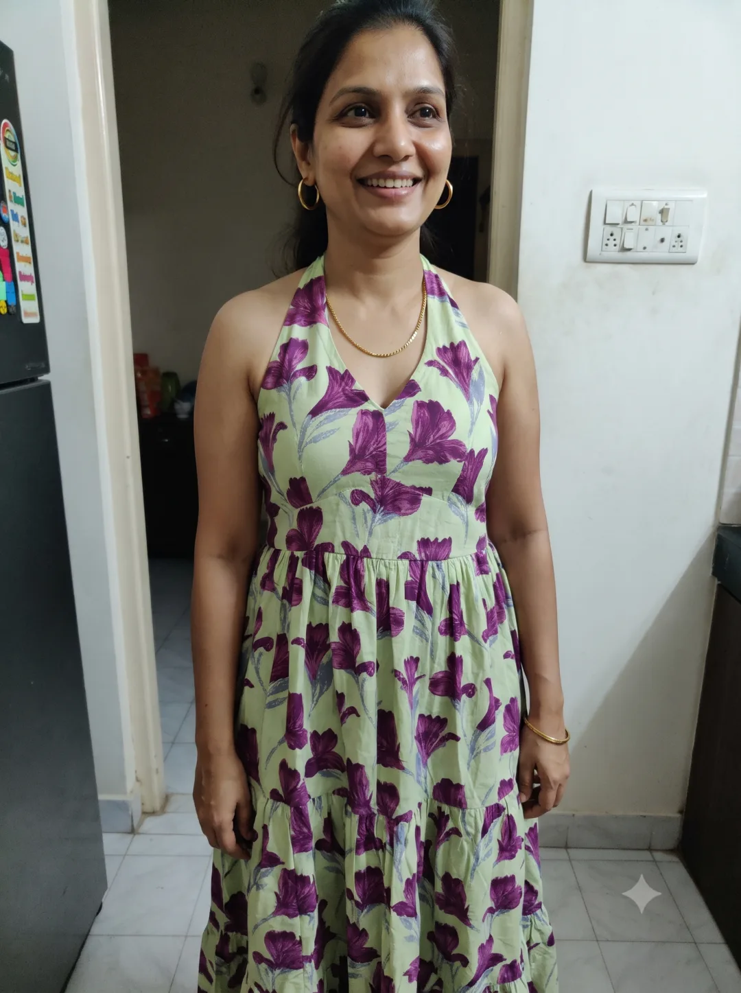 Customer wearing Green Floral Print Halter Neck Fit & Flare Cotton Midi Dress