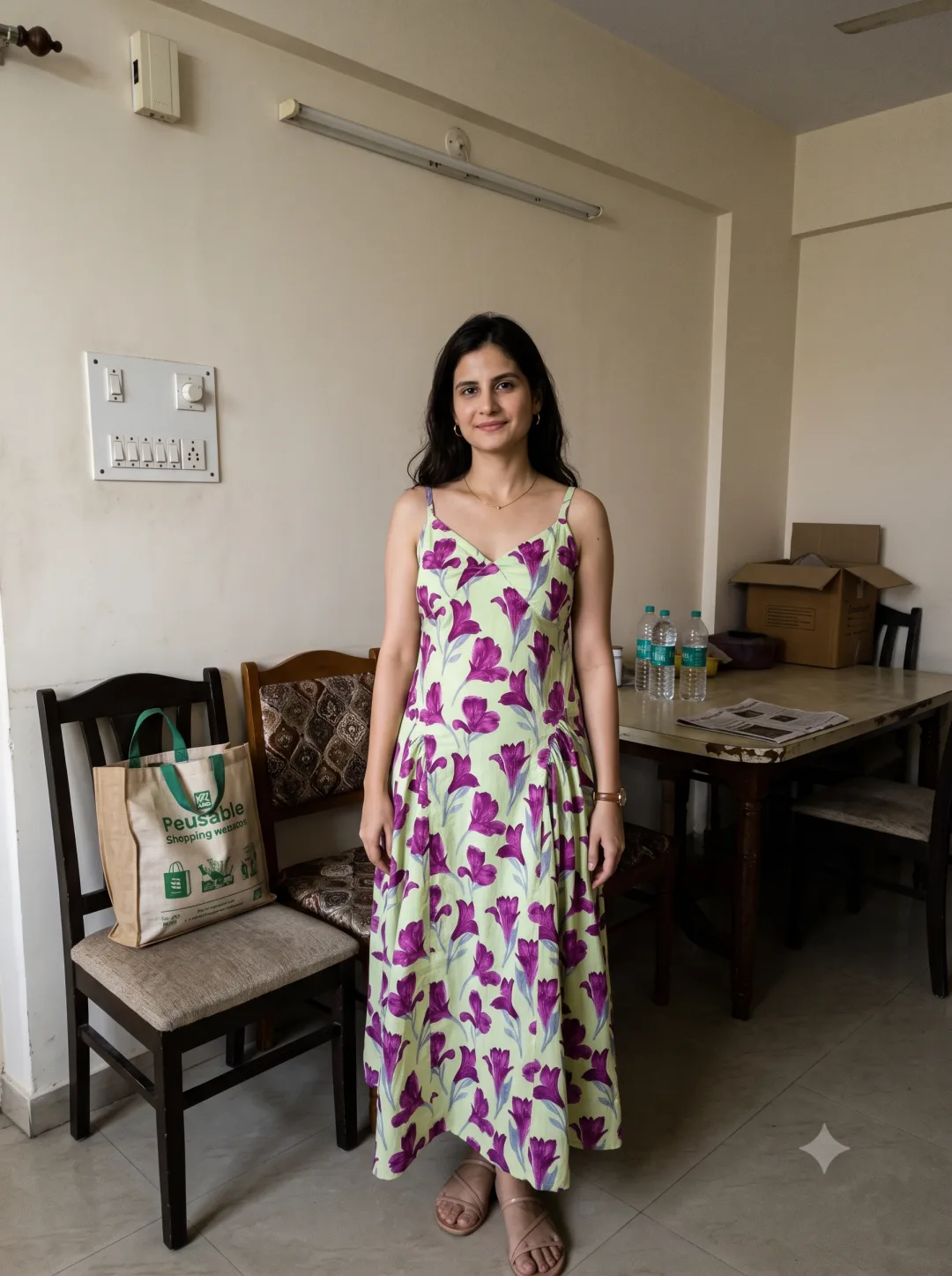 Customer wearing Green Floral Print Side Gather Cotton Maxi Dress
