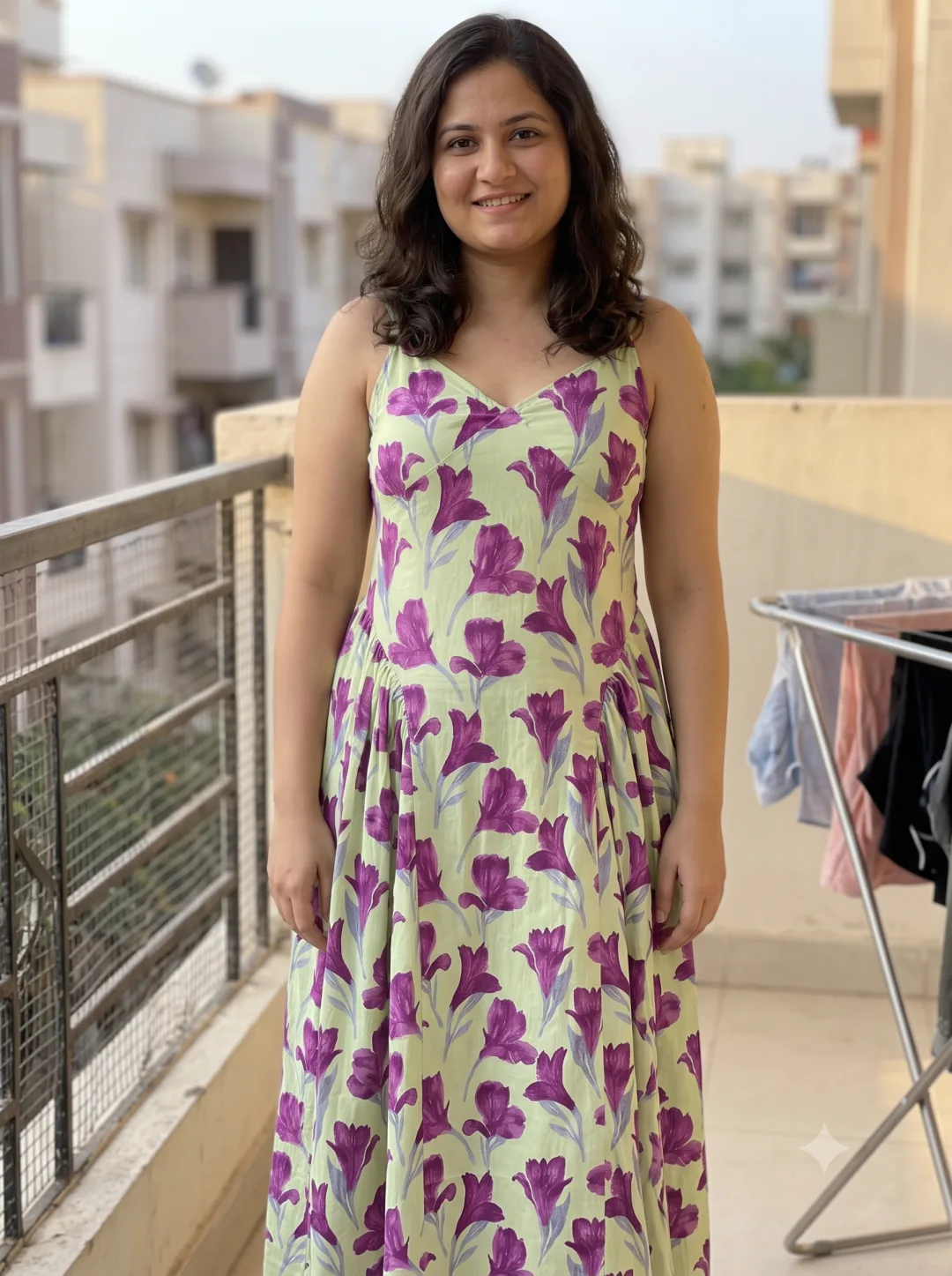 Customer wearing Green Floral Print Side Gather Cotton Maxi Dress