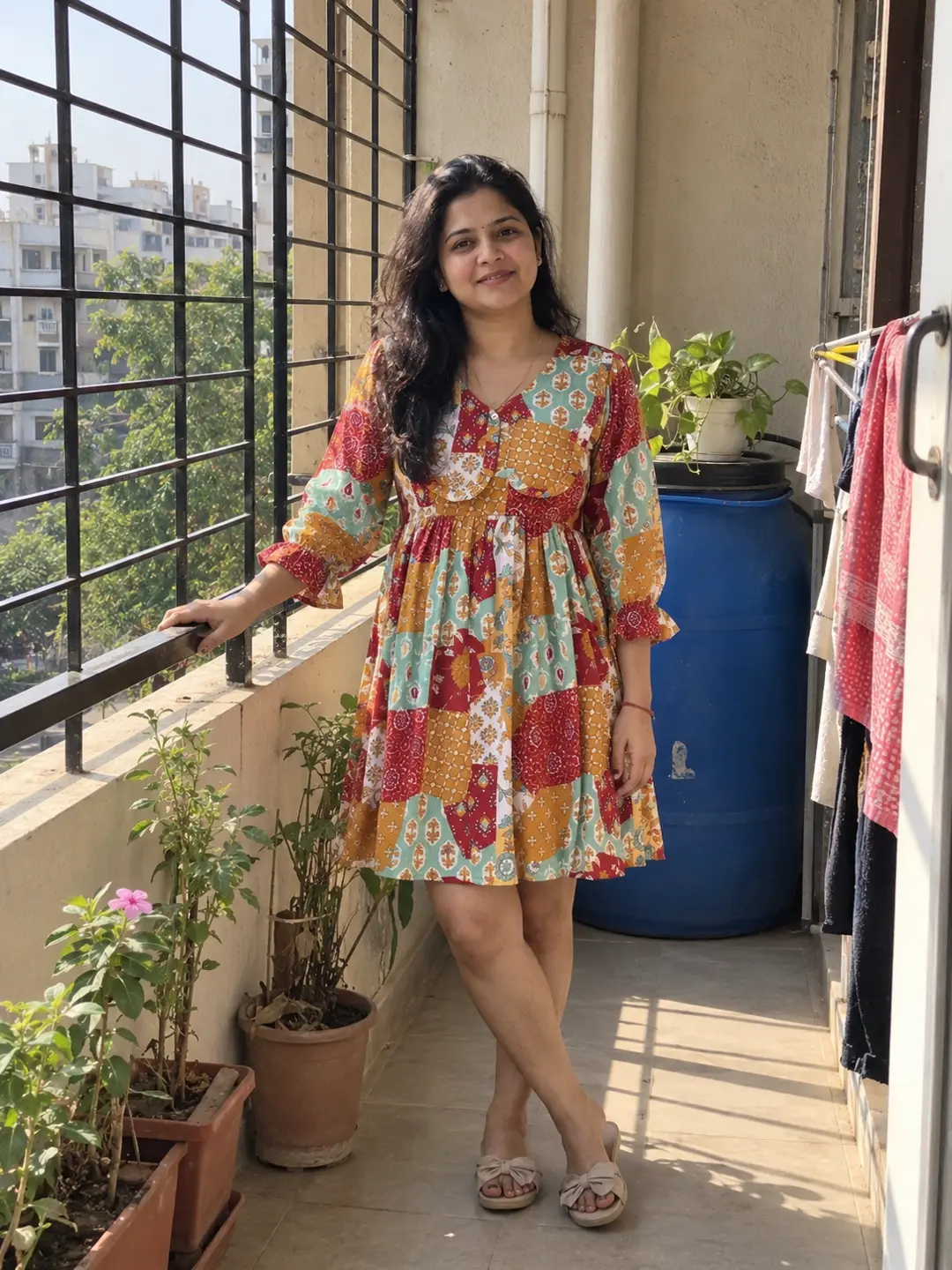 Kavya wearing the maroon bohemian cotton dress