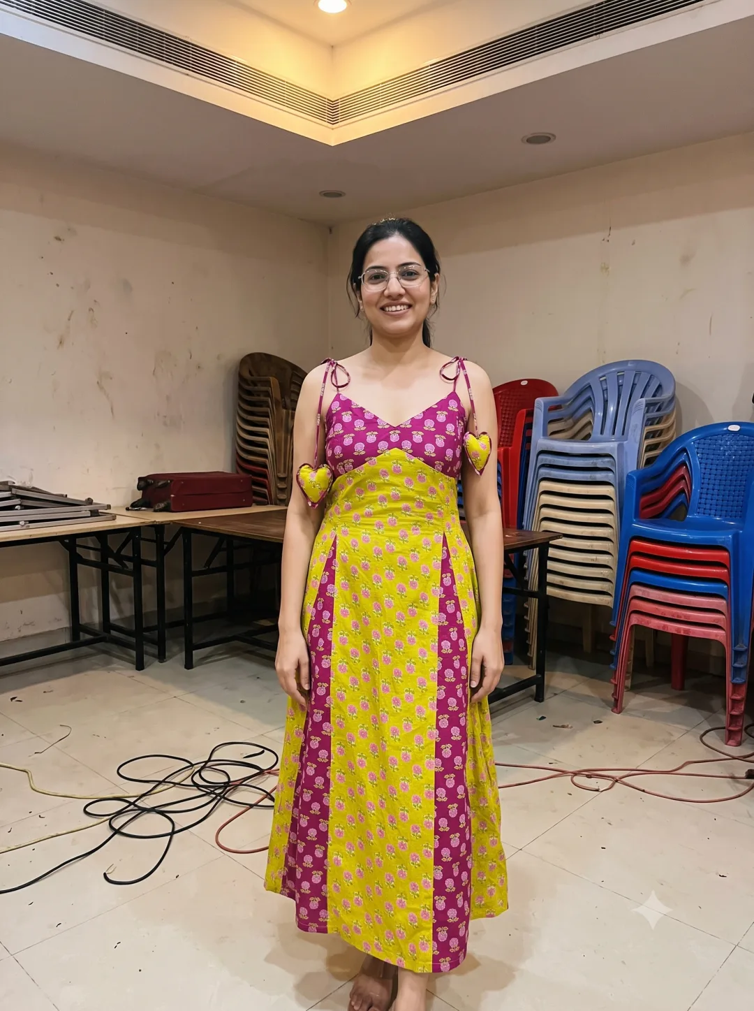 Customer wearing Multicolour Floral Print A-Line Maxi Dress