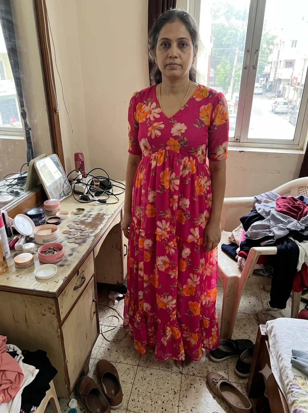 Customer wearing Pink Floral Print Ruffled Maxi Dress