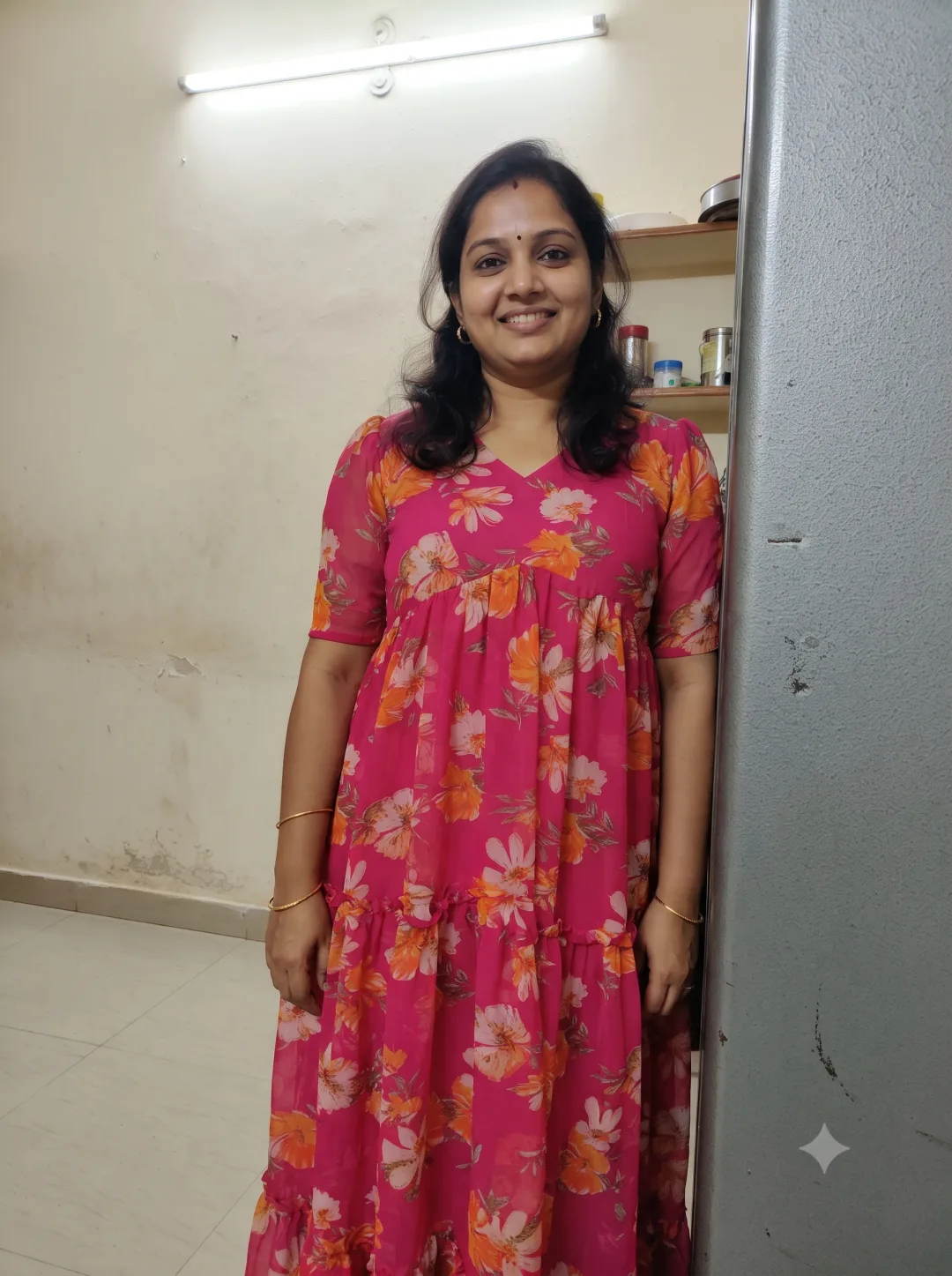 Customer wearing Pink Floral Print Ruffled Maxi Dress