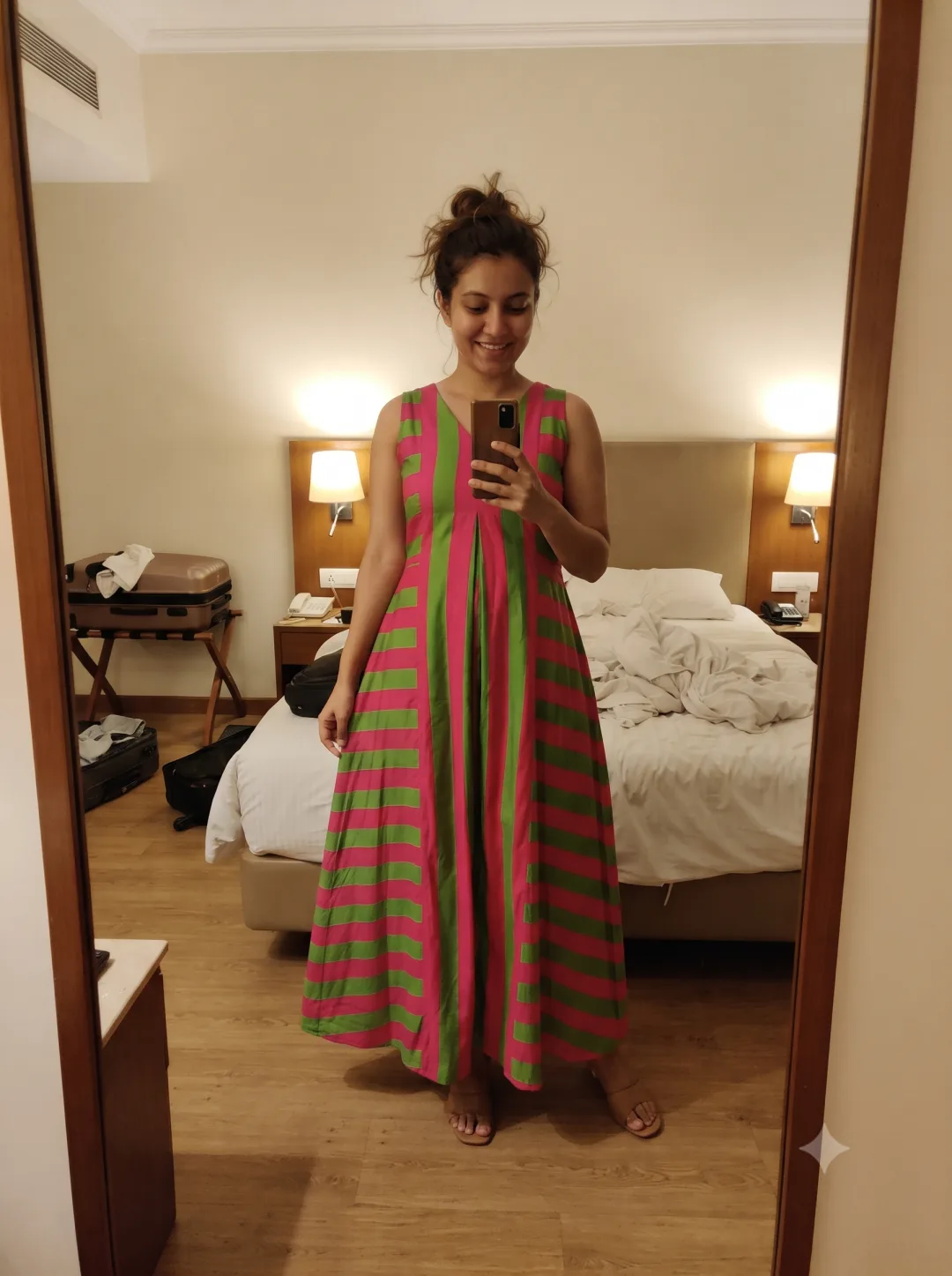 Customer wearing Pink Striped A-Line Maxi Dress