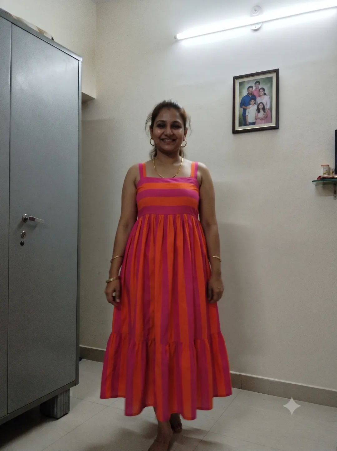 Customer wearing Pink Striped A-Line Midi Dress