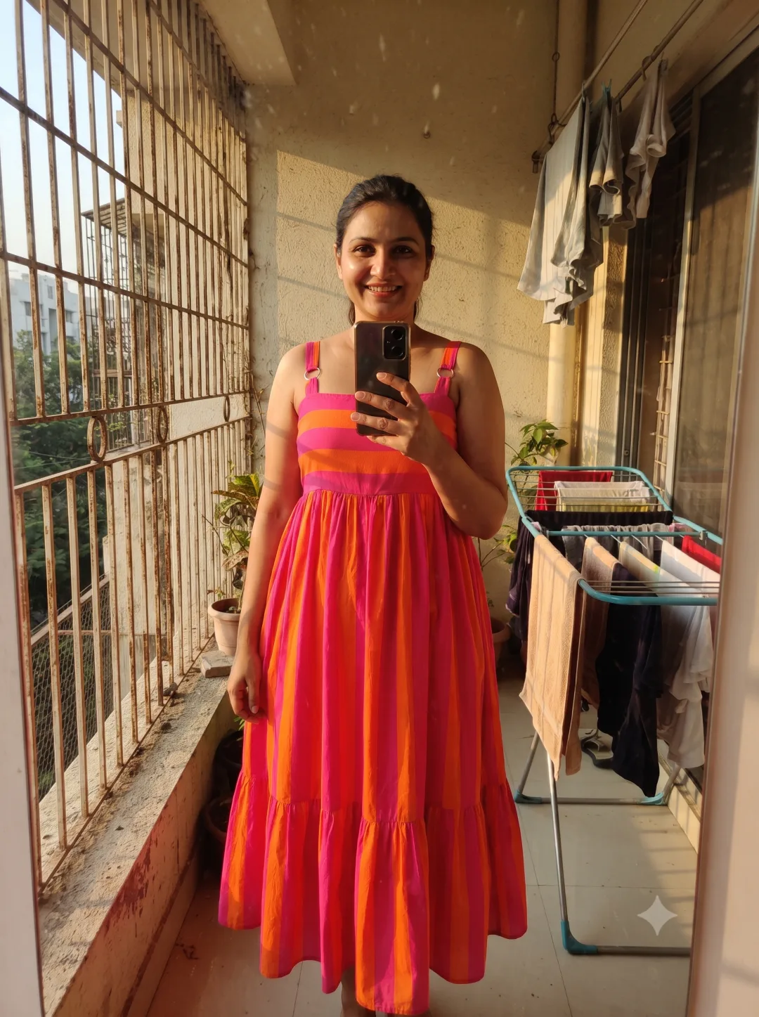 Customer wearing Pink Striped A-Line Midi Dress