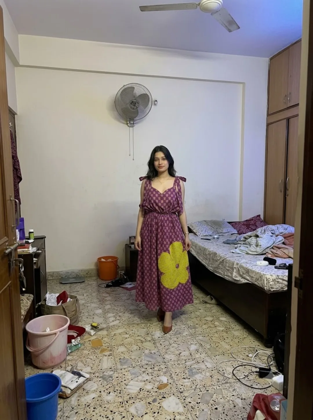 Customer wearing Purple Floral Print A-Line Cotton Maxi Dress