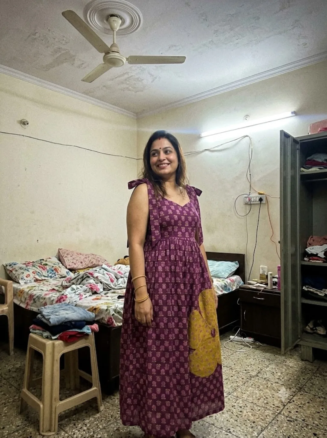 Customer wearing Purple Floral Print A-Line Cotton Maxi Dress