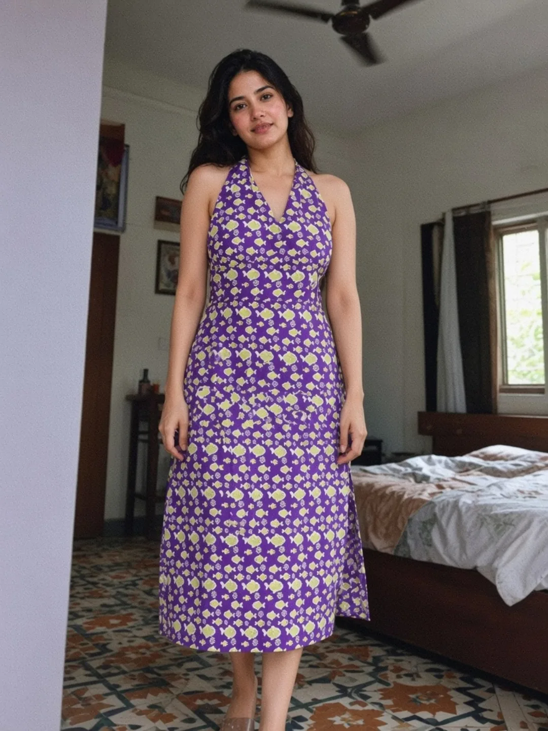 Ananya wearing the purple printed halter cotton midi
