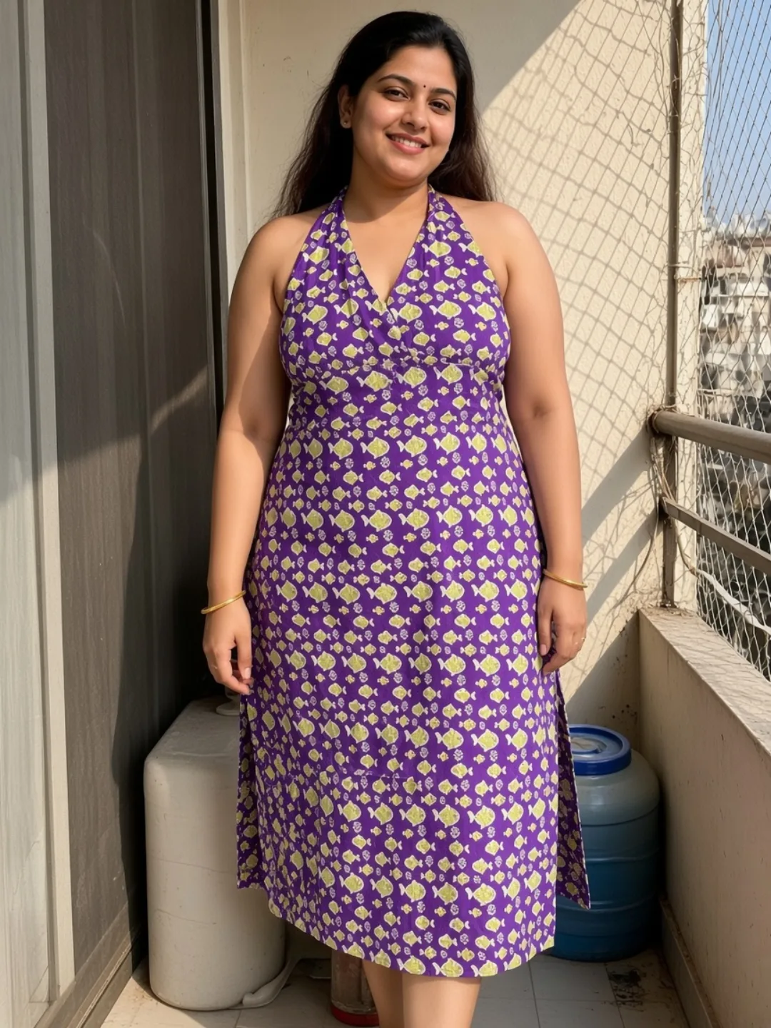 Kavya wearing the purple printed halter midi