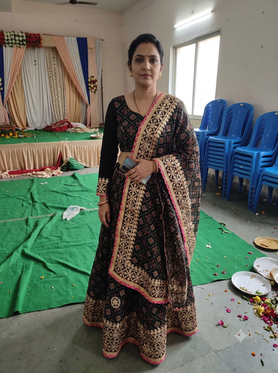 Customer wearing Black Printed Kota Doria Ready to Wear Lehenga with Gota Patti