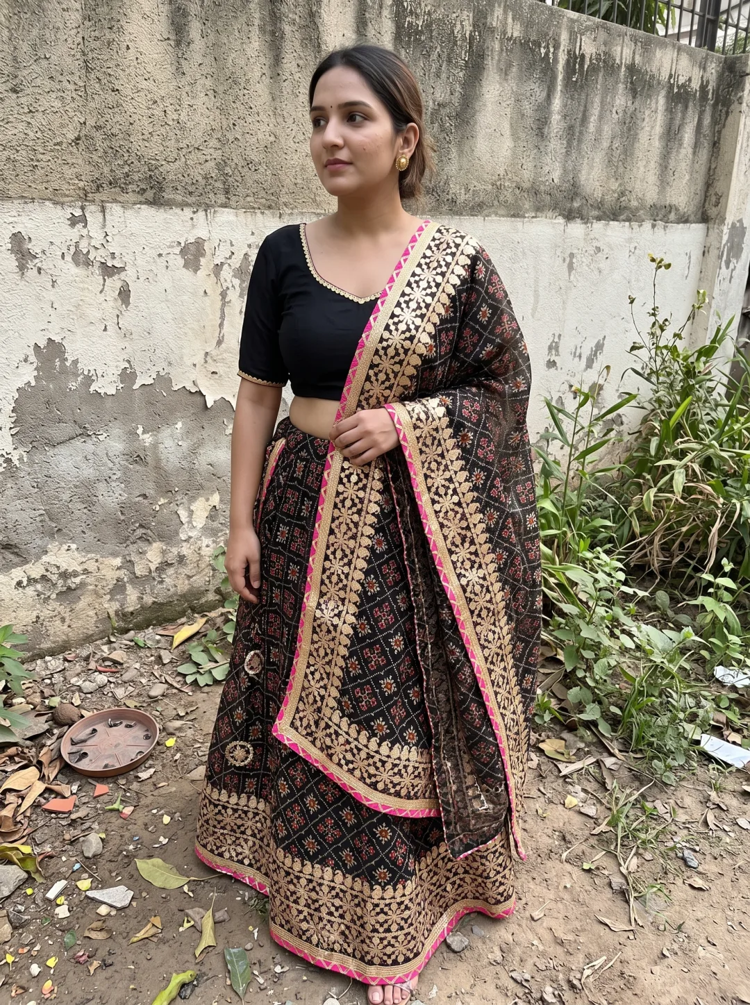 Customer wearing Black Printed Kota Doria Ready to Wear Lehenga with Gota Patti
