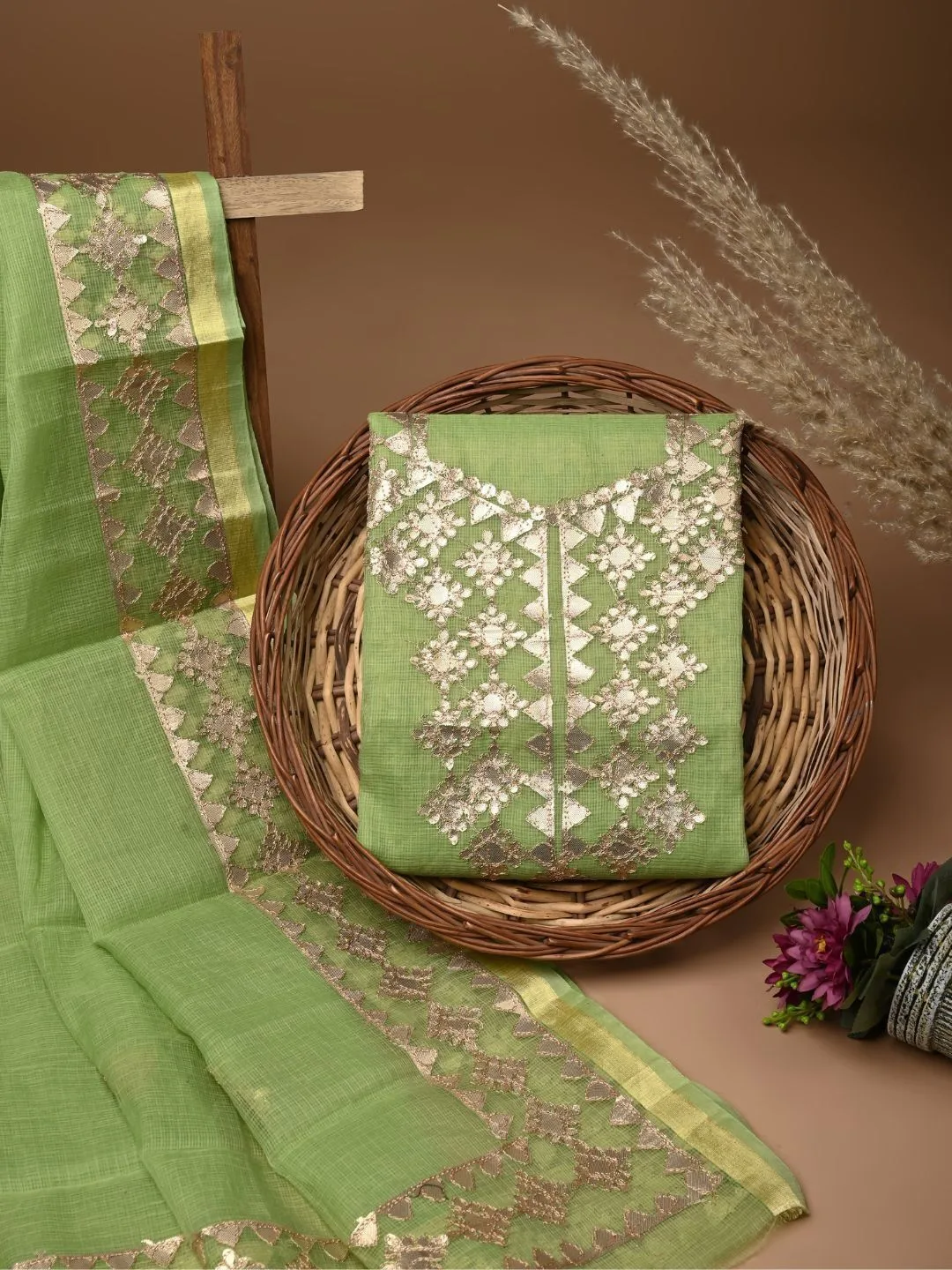 Green Embellished Unstitched Dress Material