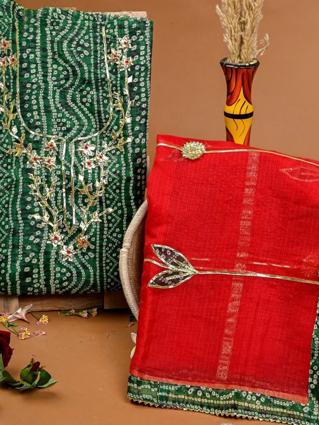 Green Red Bandhani Unstitched Dress Material