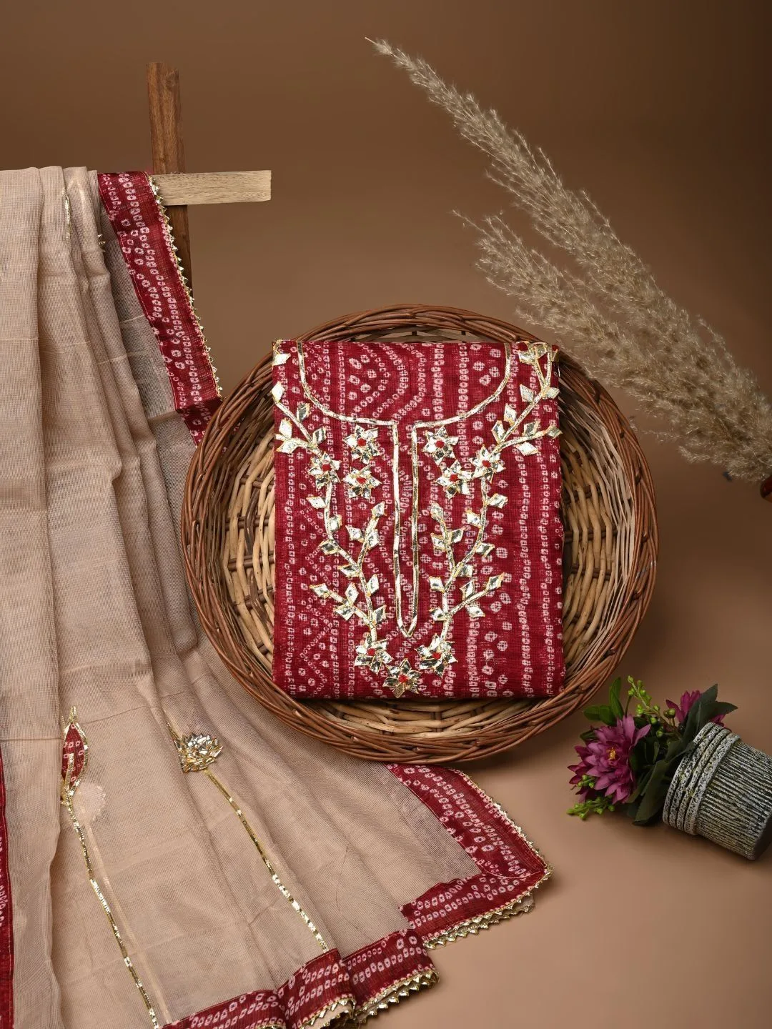Maroon Embellished Unstitched Dress Material