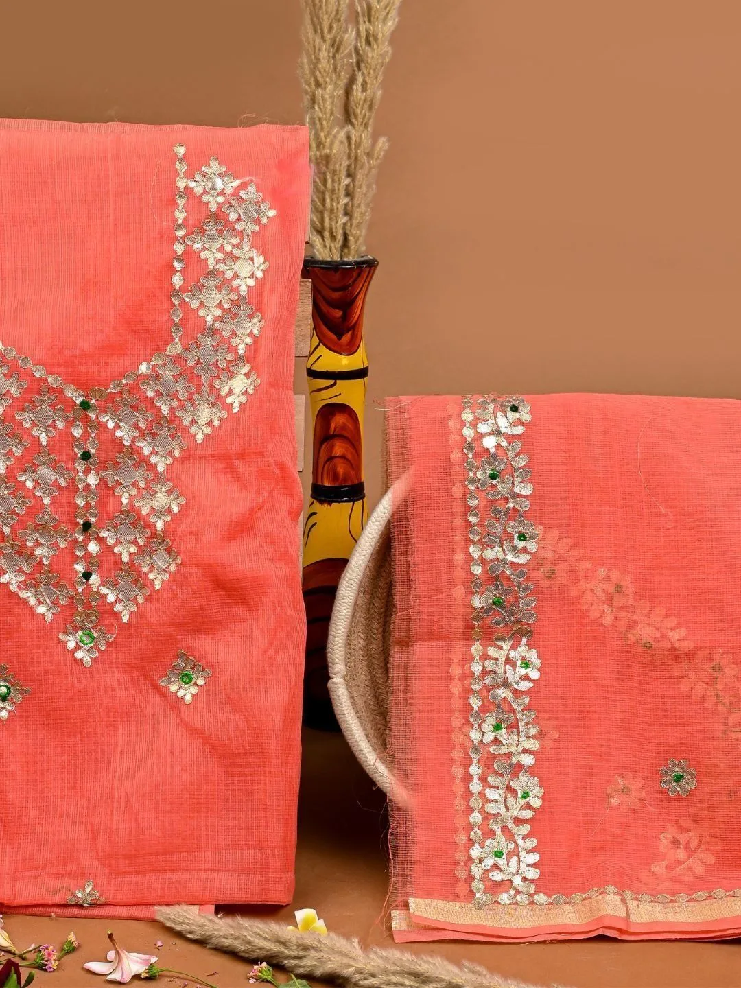 Orange Embellished Unstitched Dress Material
