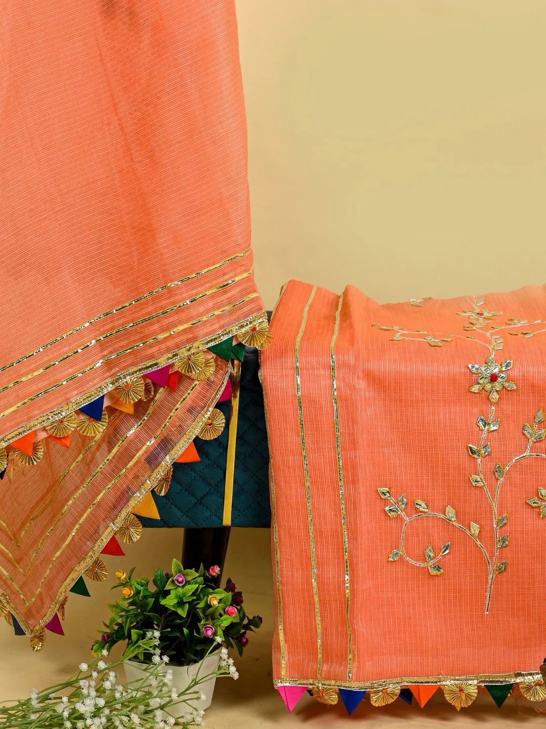 Peach Embellished Mirror Work Unstitched Dress Material