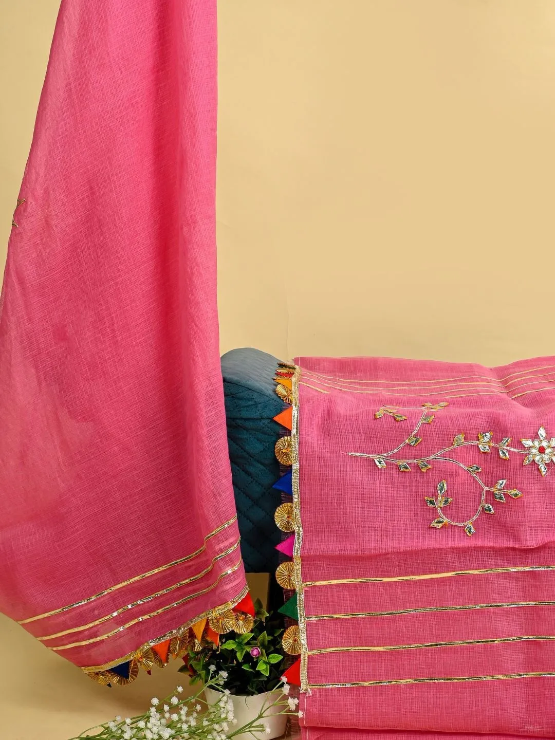 Pink Embellished Unstitched Dress Material