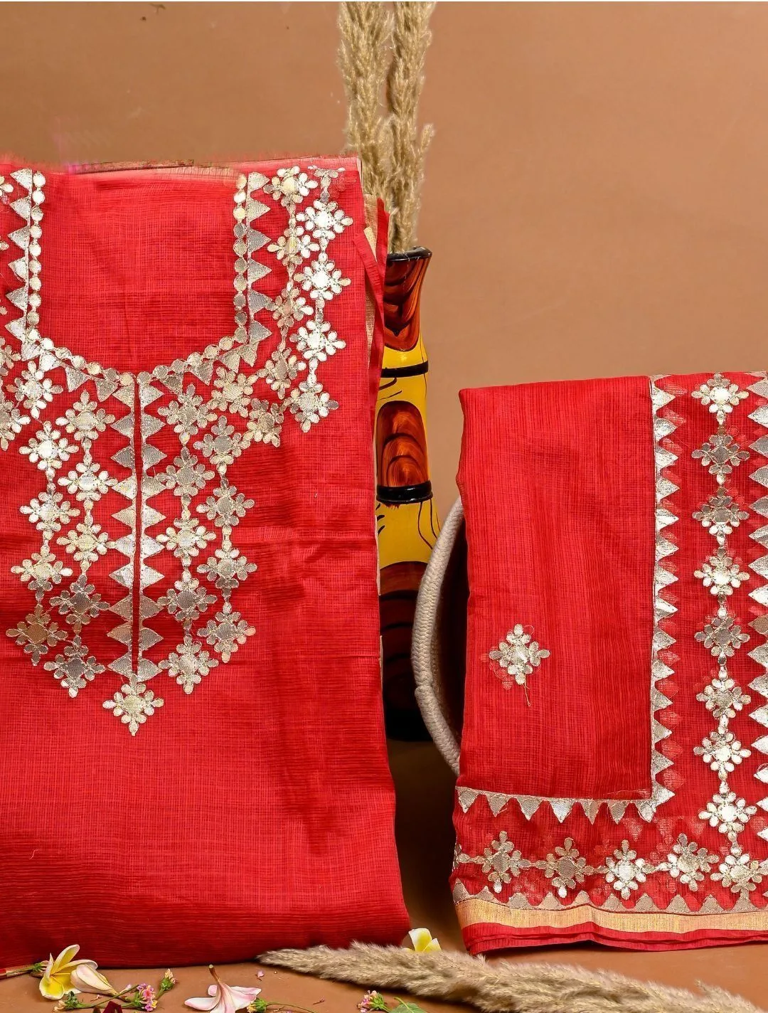 Red Embellished Unstitched Dress Material