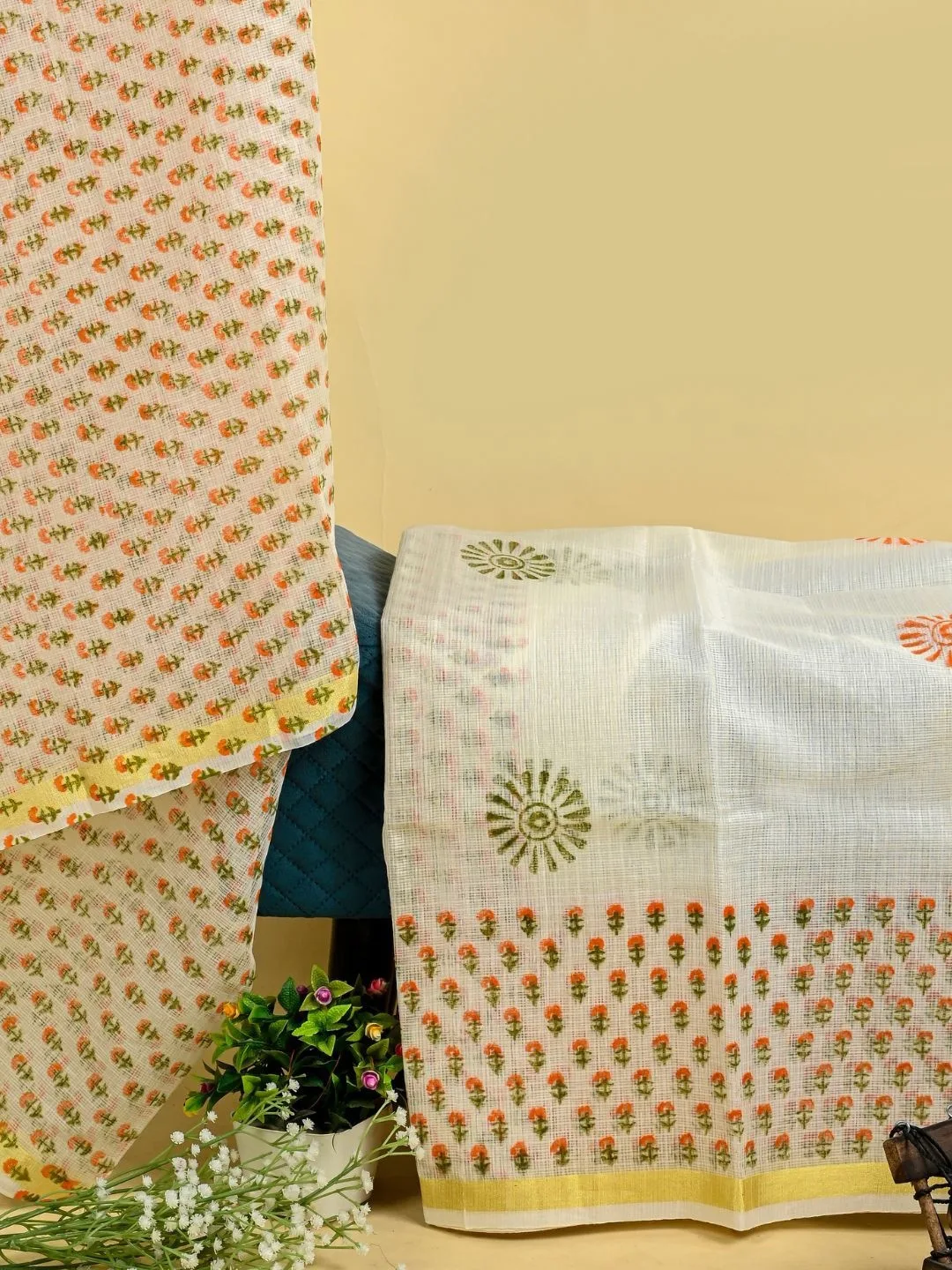 White Orange Printed Unstitched Dress Material