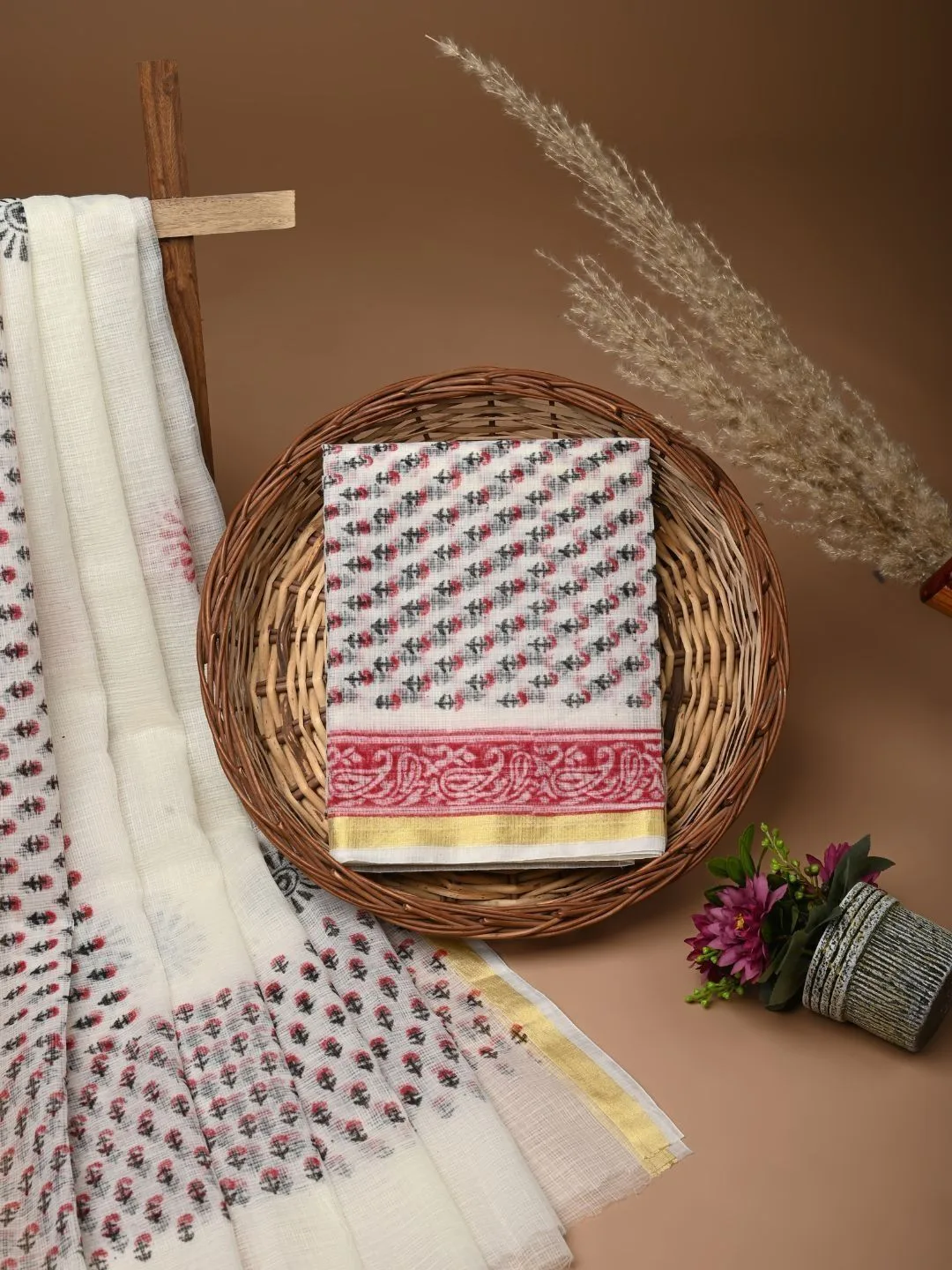 White Printed Unstitched Dress Material