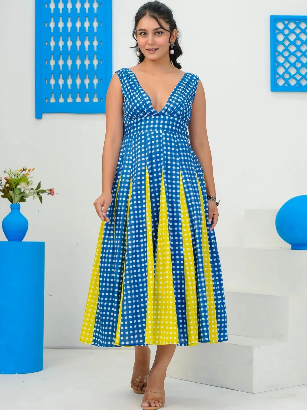 Blue Checked V Neck A Line Midi Dress