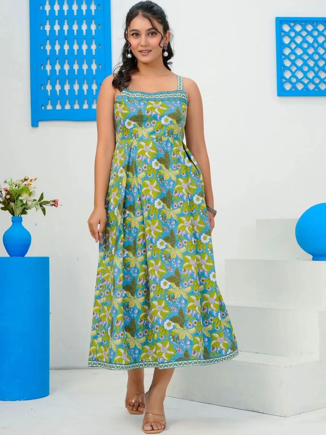 Blue Floral Print A-Line Maxi Dress