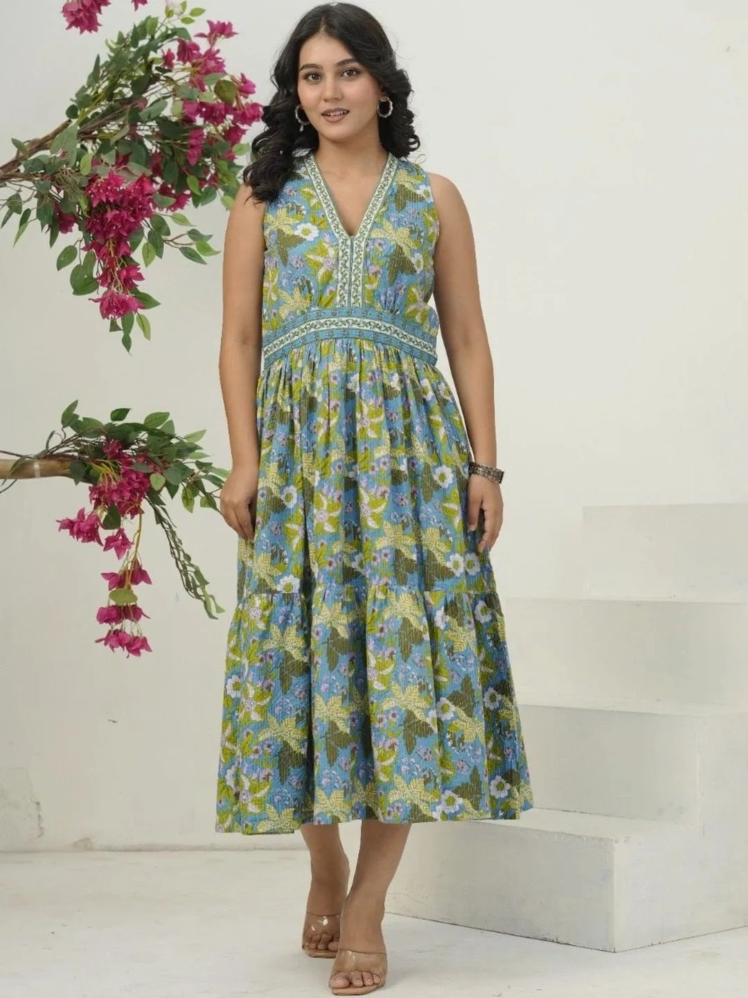 Blue Floral Print A Line Midi Dress