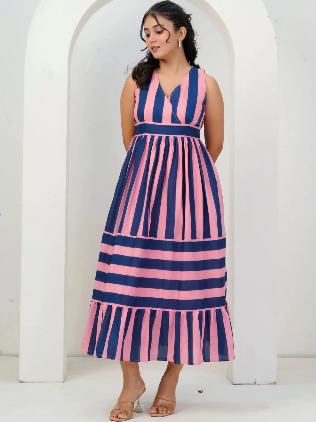 Blue Striped A Line Maxi Dress