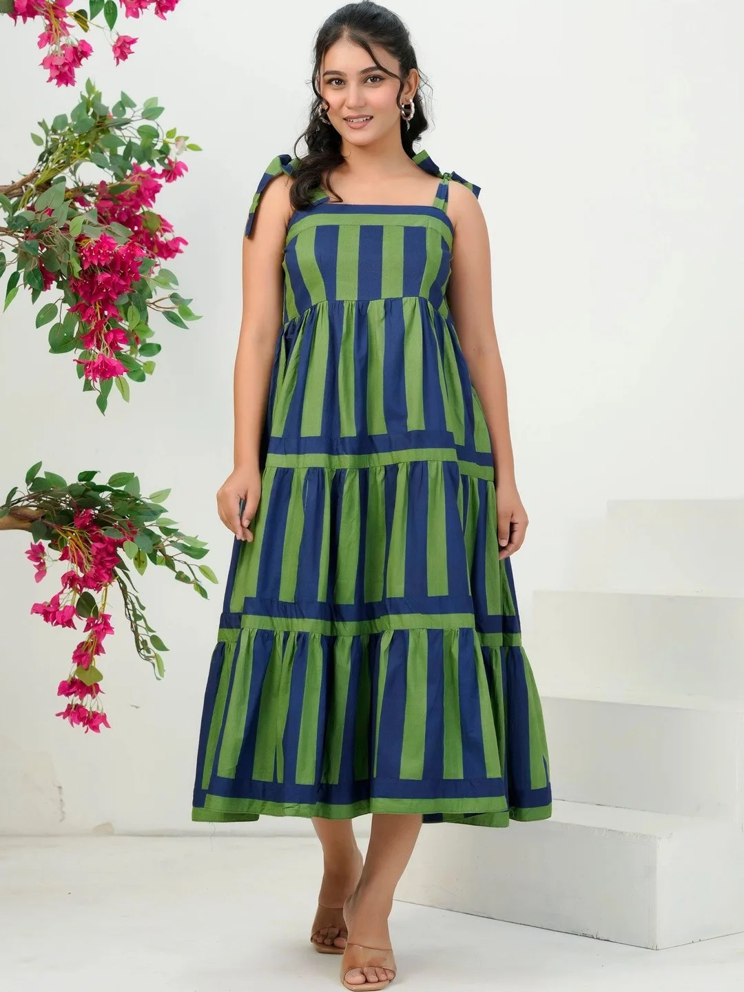 Blue Striped A-Line Midi Dress