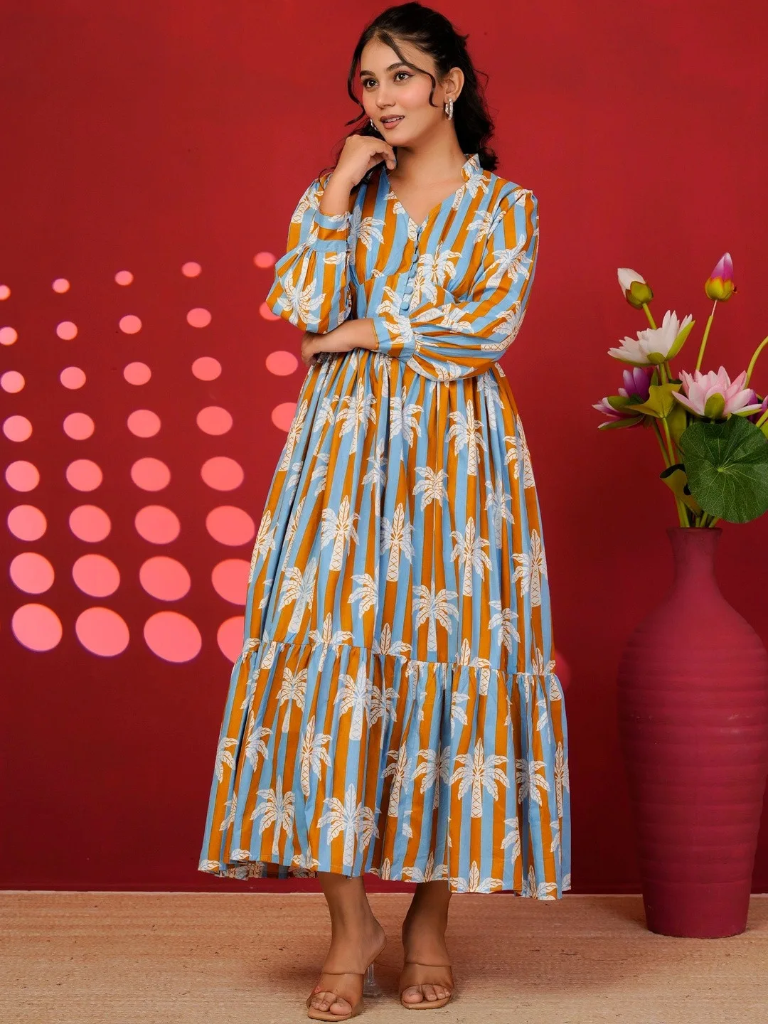 Blue Tropical Print A-Line Maxi Dress