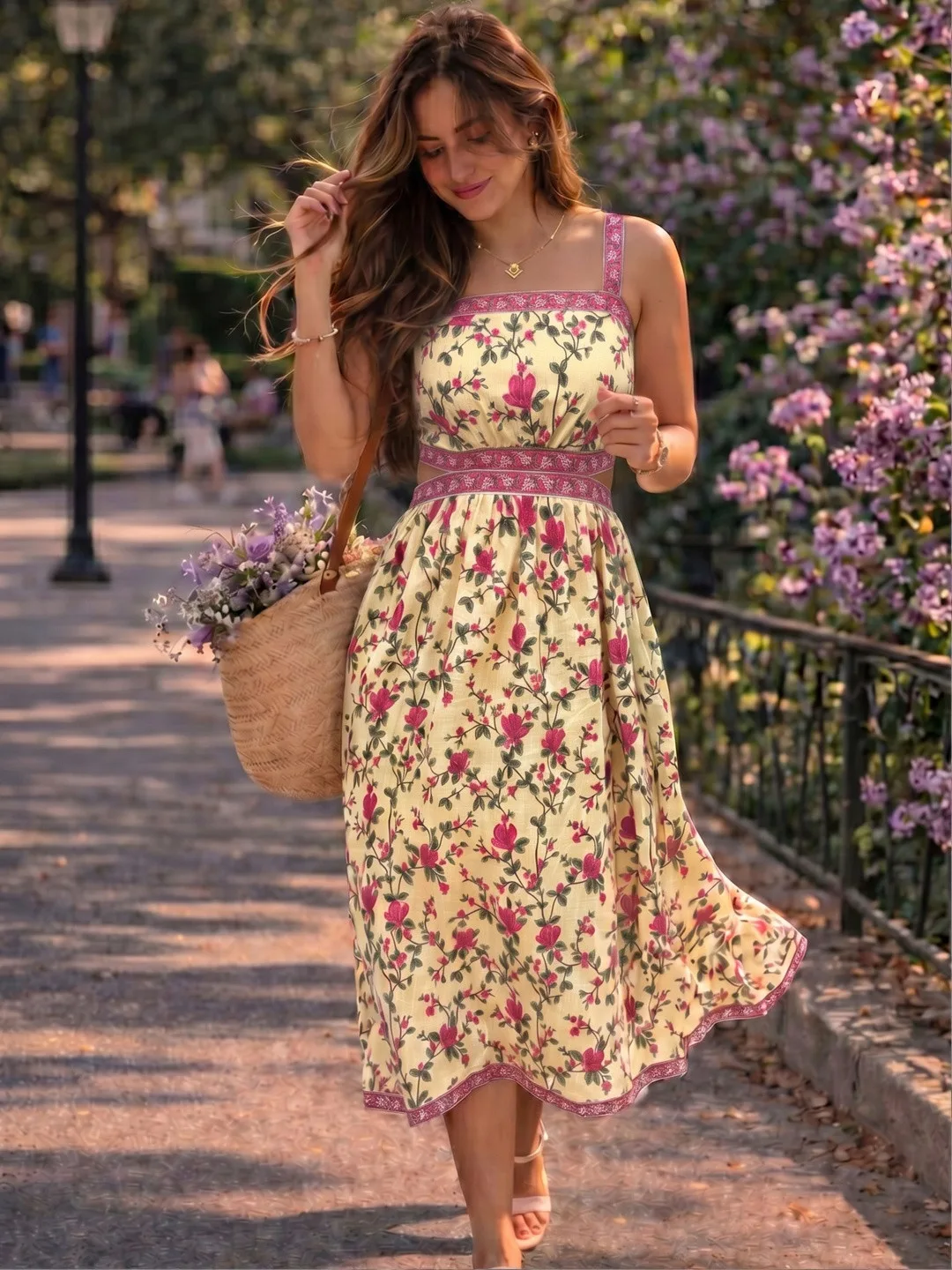 Cream Floral Print A-Line Cotton Midi Dress with Side Zip
