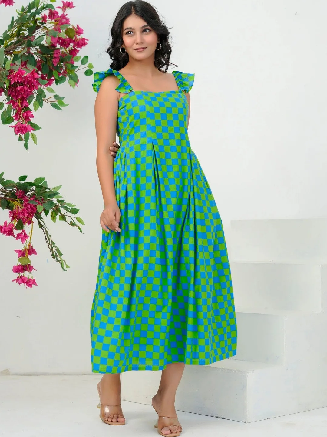 Green Checked A Line Midi Dress