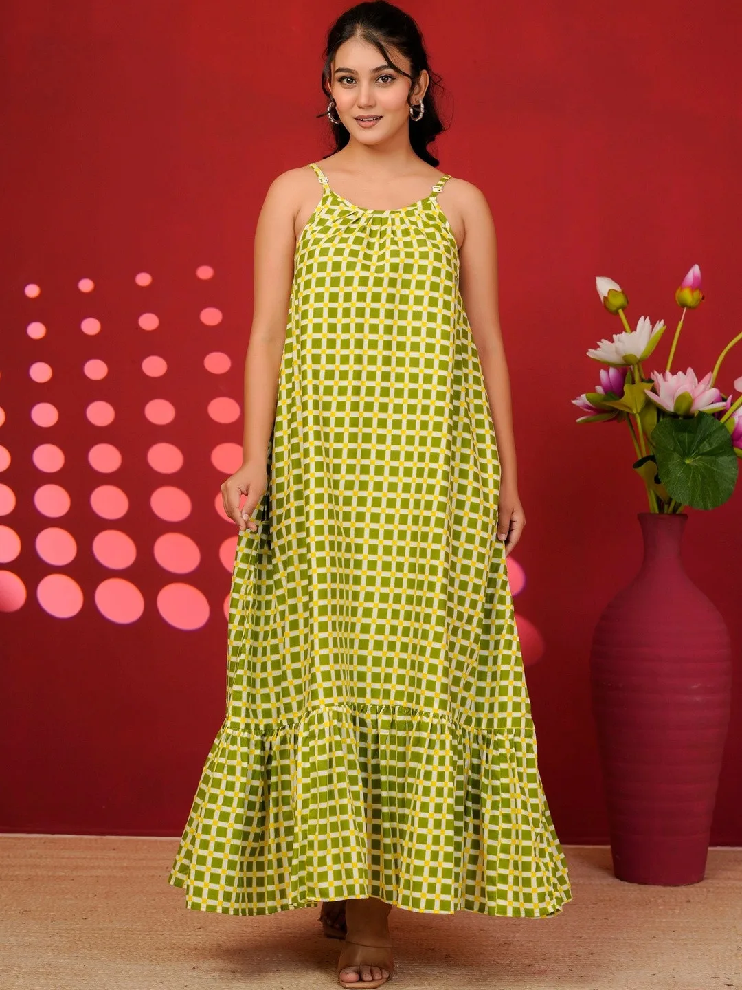 Green Checked Maxi Dress