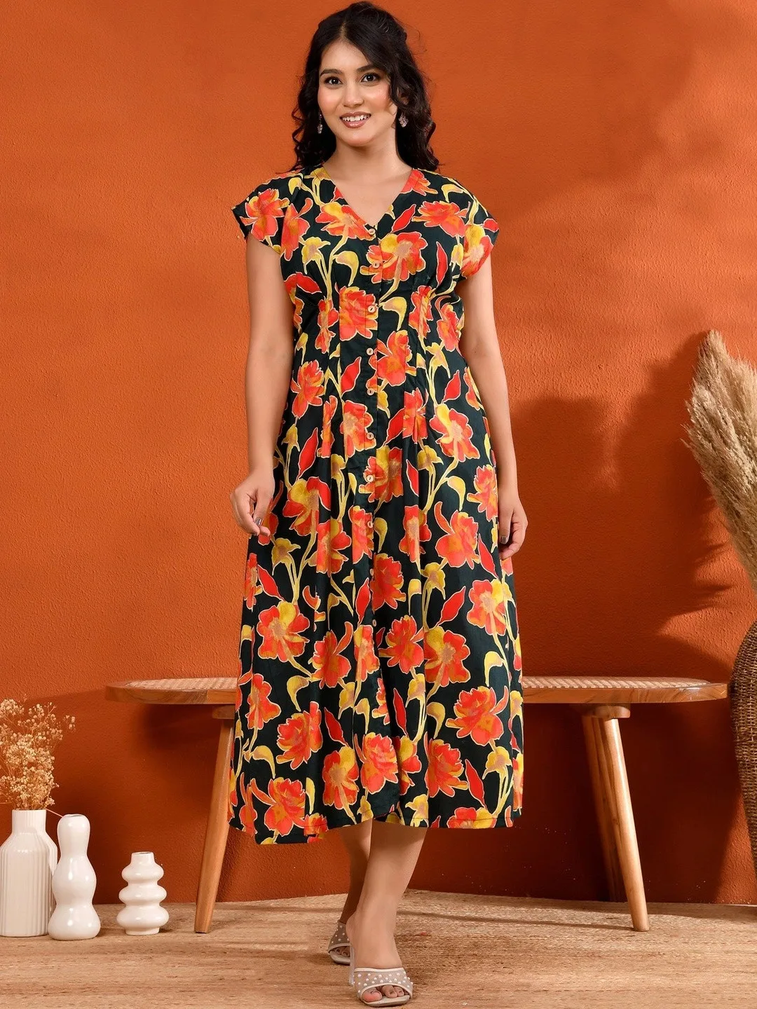 Green Floral Print A-Line Cotton Midi Dress