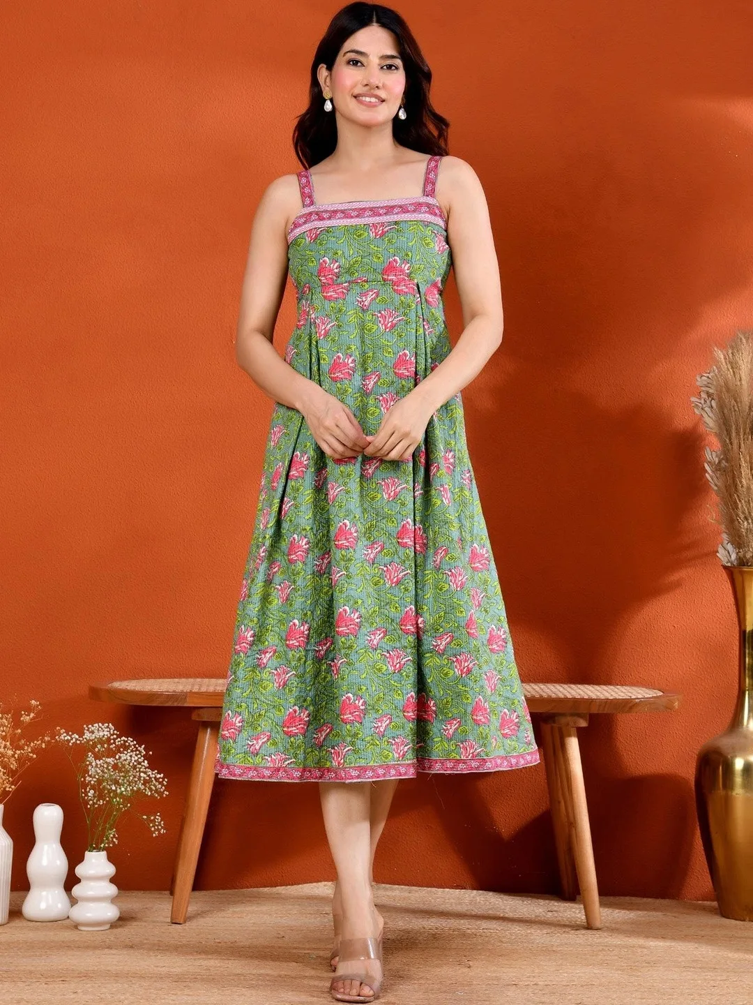 Green Floral Print Fit & Flare Cotton Midi Dress