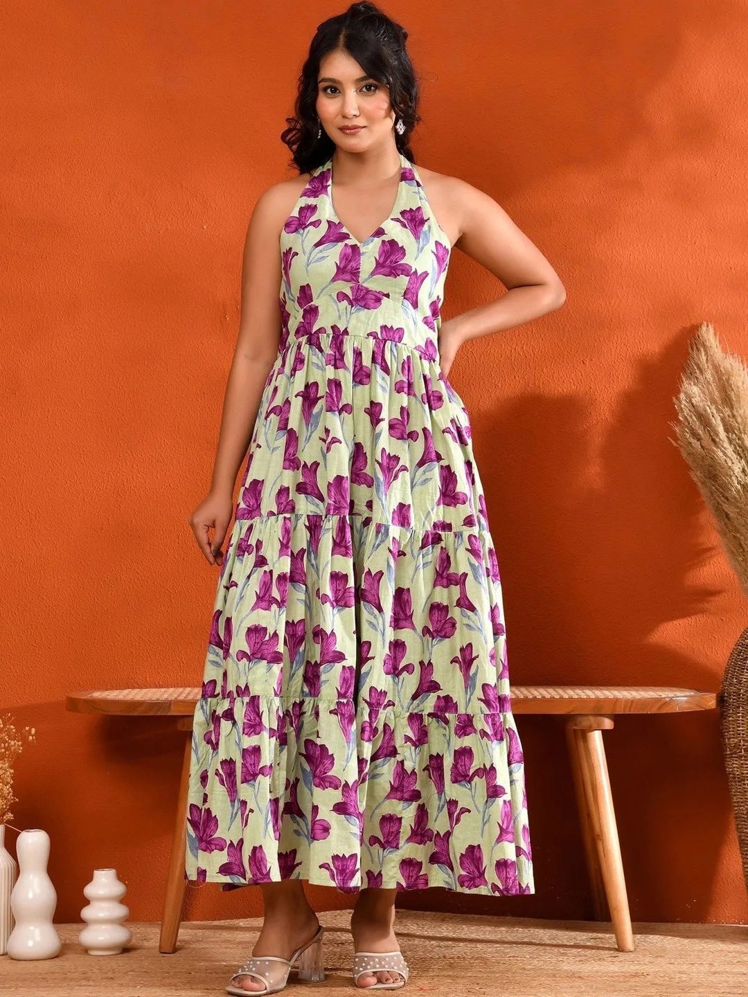 Green Floral Print Halter Neck Fit & Flare Cotton Midi Dress
