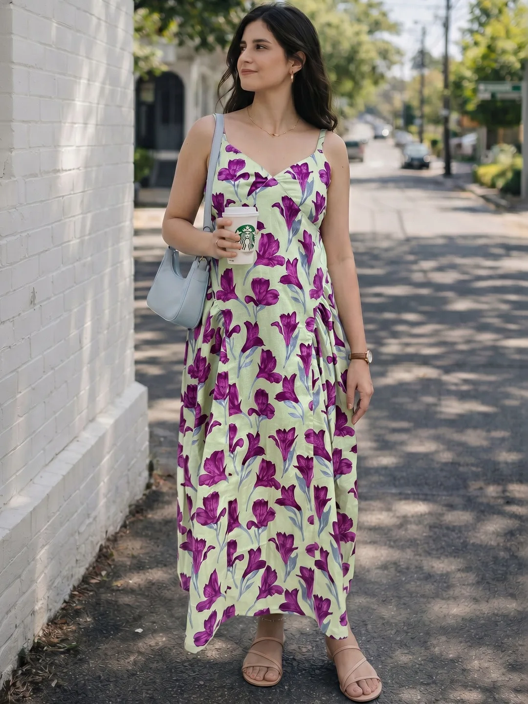 Green Floral Print Side Gather Cotton Maxi Dress
