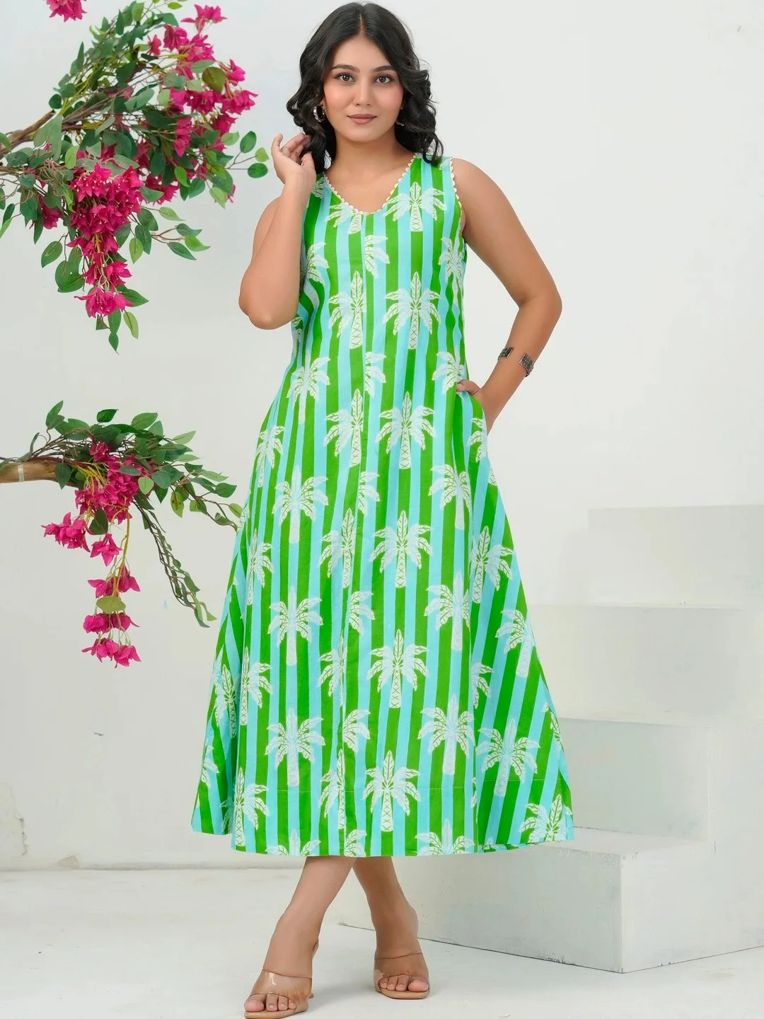 Green Tropical Print Ruffled A-Line Midi Dress