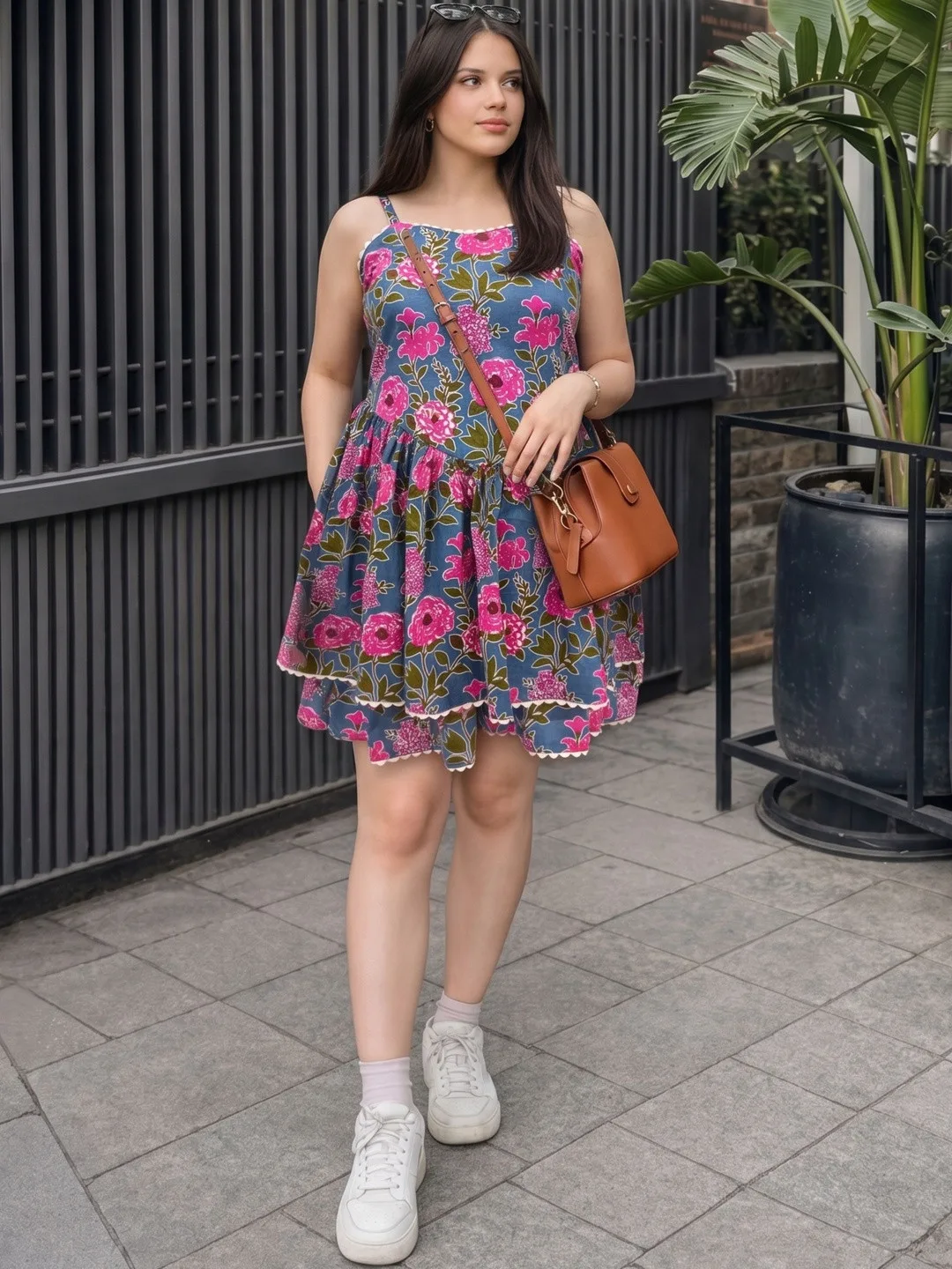 Grey Floral Print Fit & Flare Cotton Dress