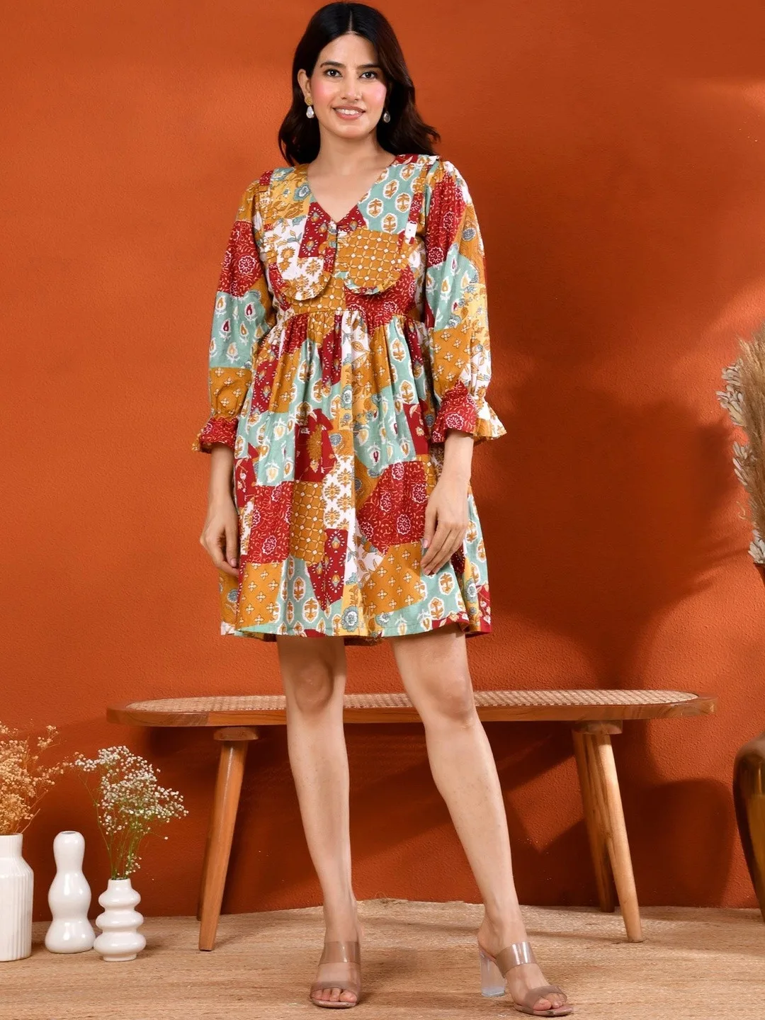 Maroon Bohemian Print Fit & Flare Cotton Dress with Round Neck