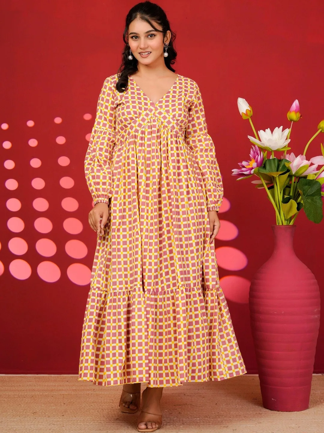 Mauve Print A Line Maxi Dress