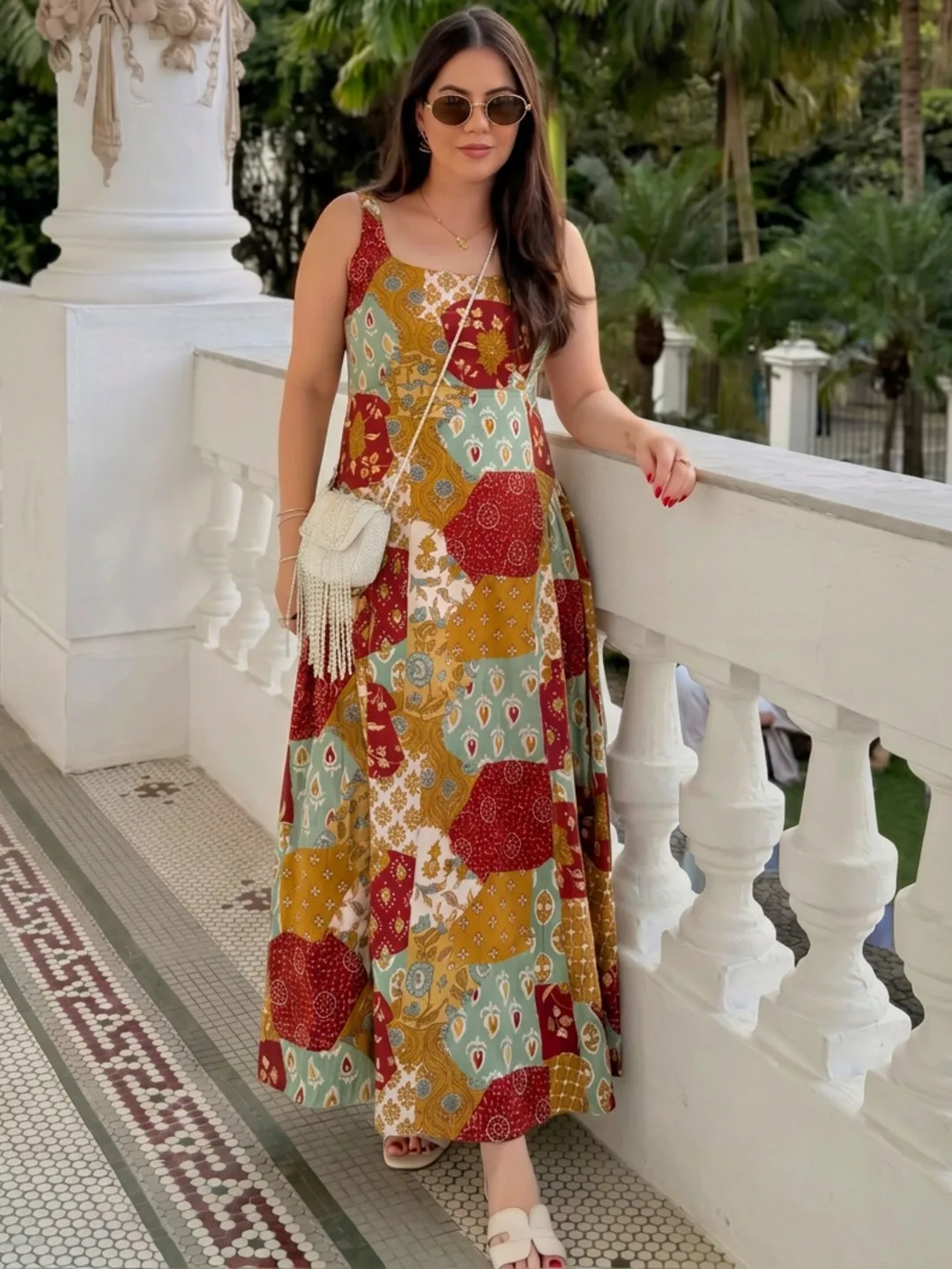 Multicolour Bohemian Print Side Gathered Maxi Dress